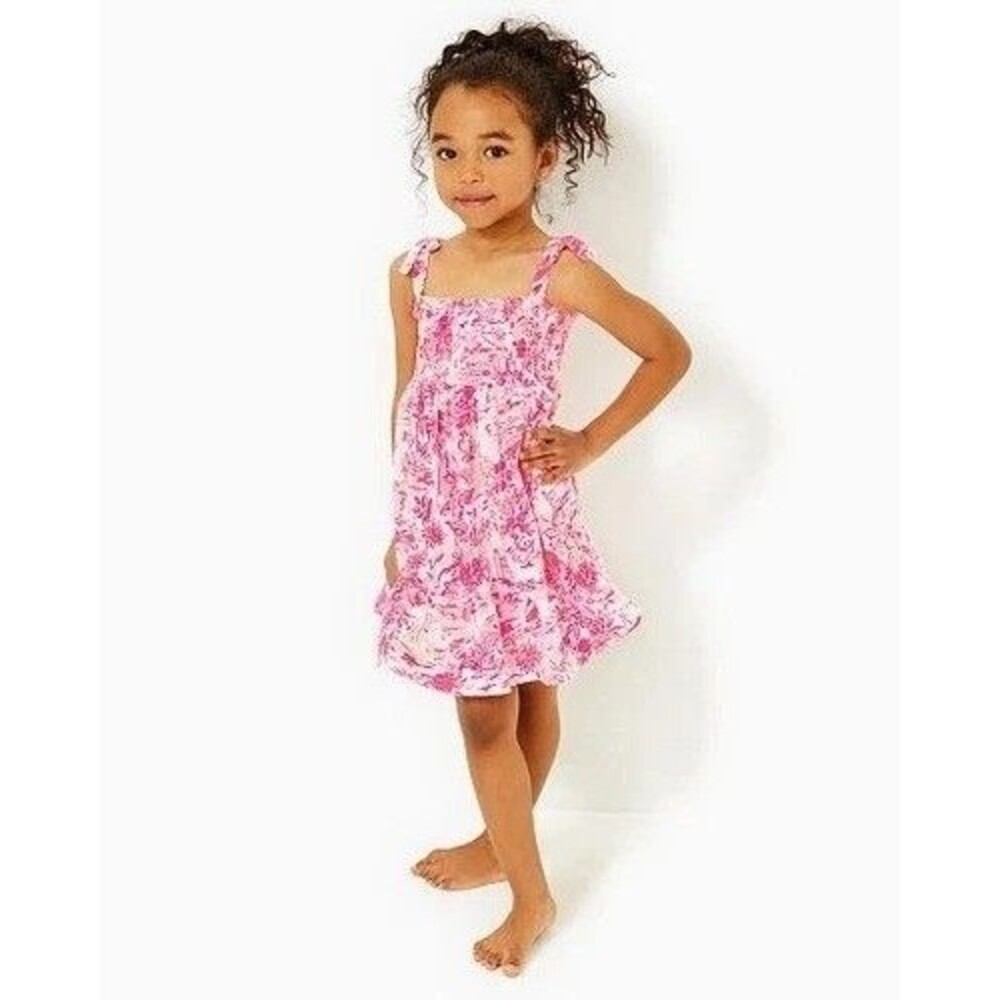 Lilly Pulitzer Girls Mini Kailua Dress Smocked Printed Sleeveless Bow S 281164